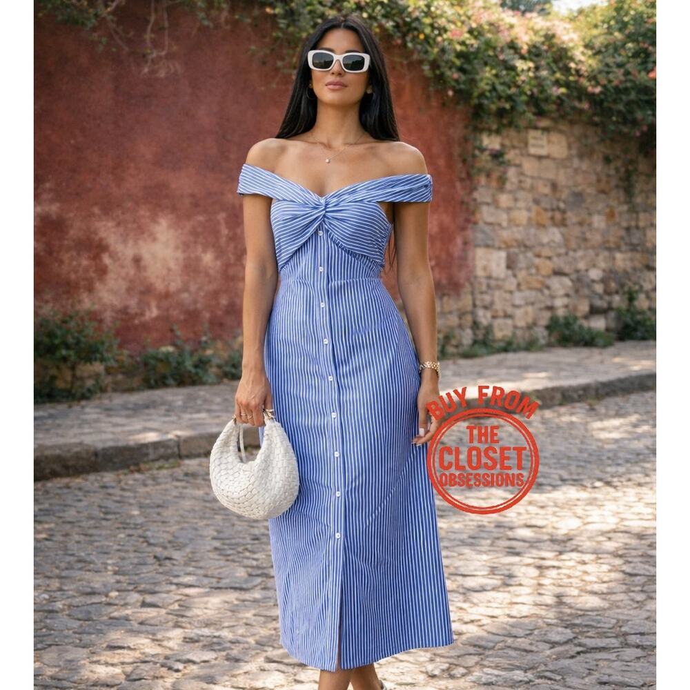 MANGO Blue White Striped Off Shoulder Midi Dress NWT Cotton Button Front - Picture 5 of 16